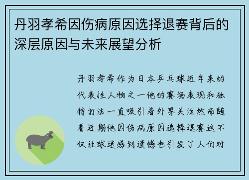 丹羽孝希因伤病原因选择退赛背后的深层原因与未来展望分析
