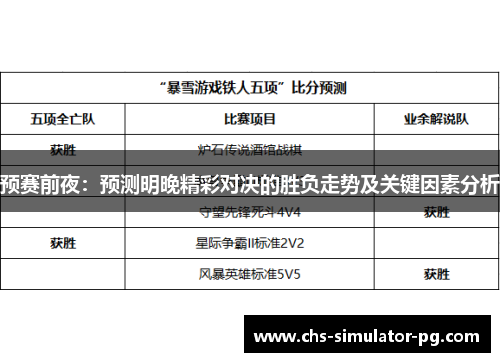 预赛前夜：预测明晚精彩对决的胜负走势及关键因素分析