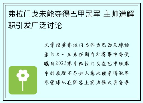 弗拉门戈未能夺得巴甲冠军 主帅遭解职引发广泛讨论